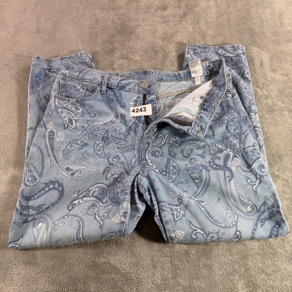 Chico's So Slimming Girlfriend Jeans Women 14R Blue Paisley Slim Leg Ankle